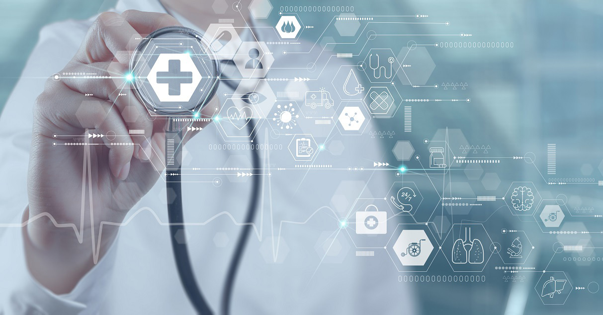 Medicine doctor using stethoscope diagnose virtual electronic medical record of patient on interface.Digital healthcare and network on modern virtual screen, DNA medical technology and futuristic concept.